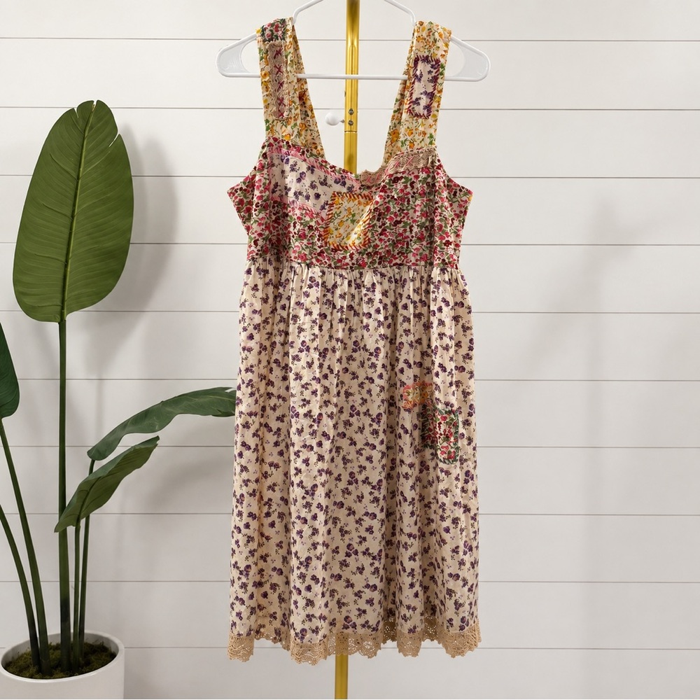 NWT NATURAL LIFE Cream Sundress with Purple Floral and Patchwork Accents